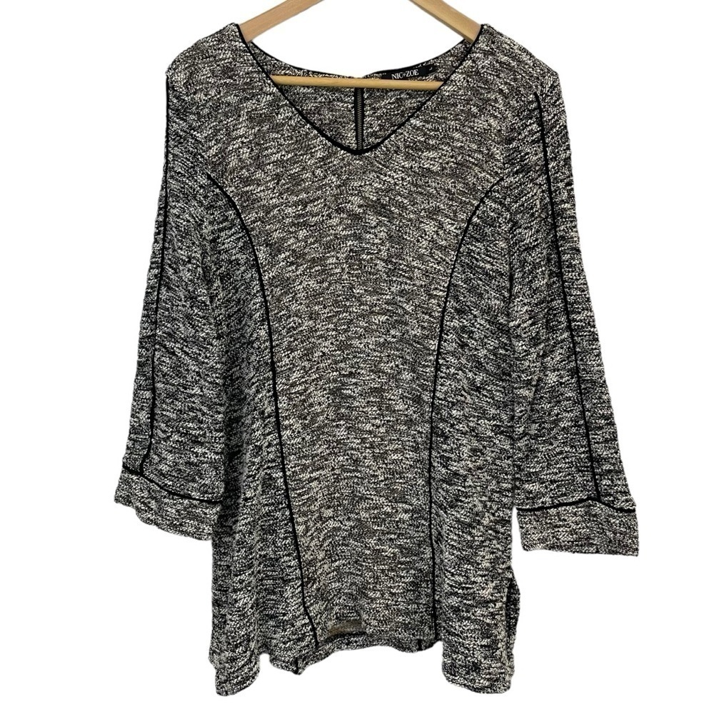 NIC+ZOE V-Neck Sweater Top Womens L Black Brown Tweed Texture Mature Casual VGUC